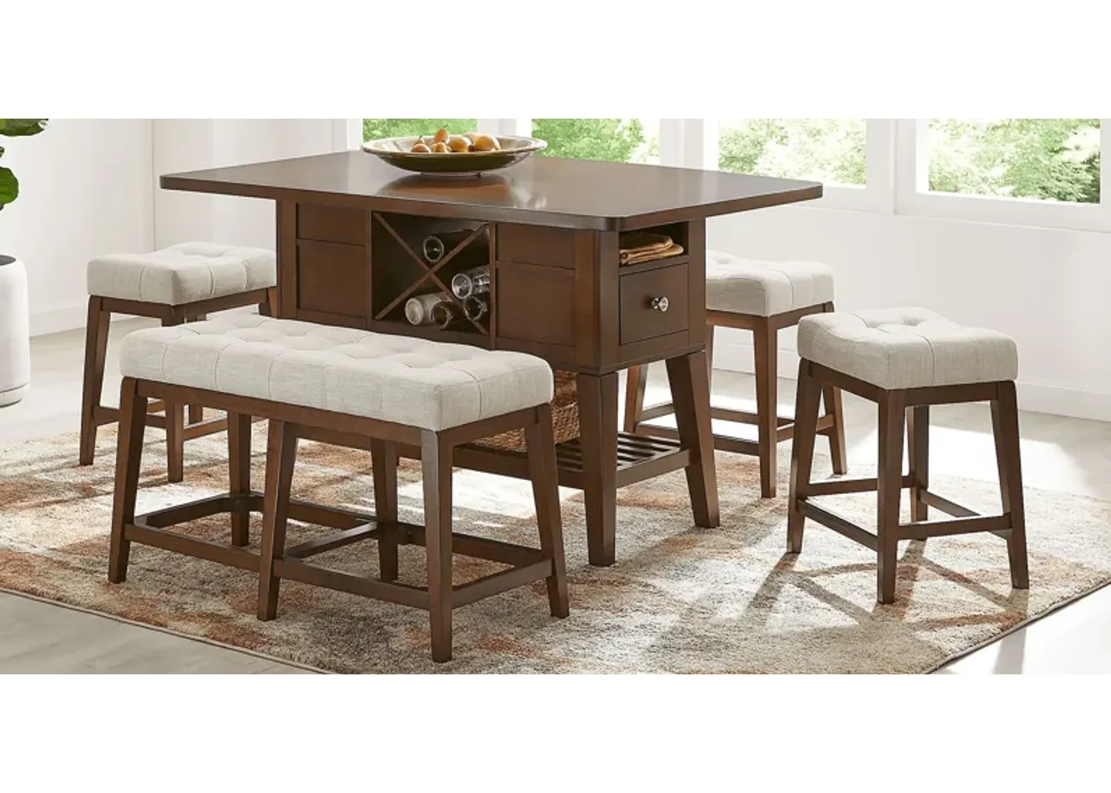 Walstead Place Brown 6 Pc Counter Height Dining Room with Beige Bench and Kyoto Stools