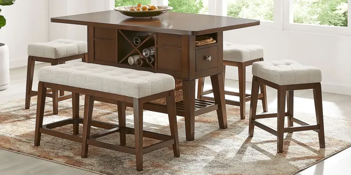 Walstead Place Brown 6 Pc Counter Height Dining Room with Beige Bench and Kyoto Stools