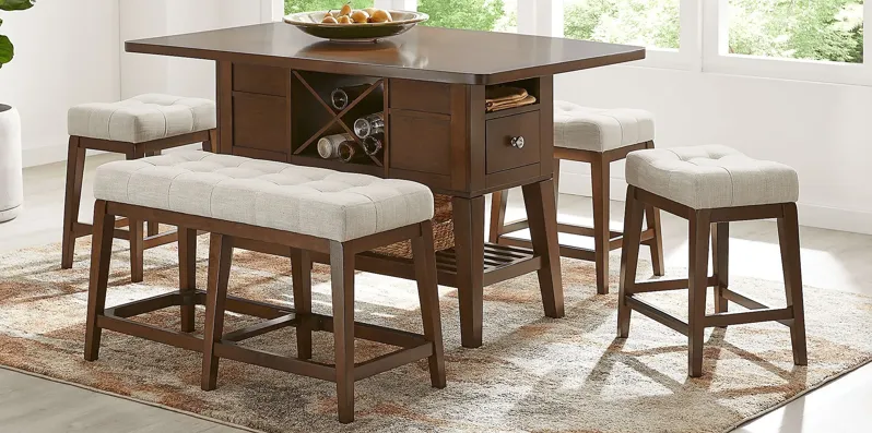 Walstead Place Brown 6 Pc Counter Height Dining Room with Beige Bench and Kyoto Stools