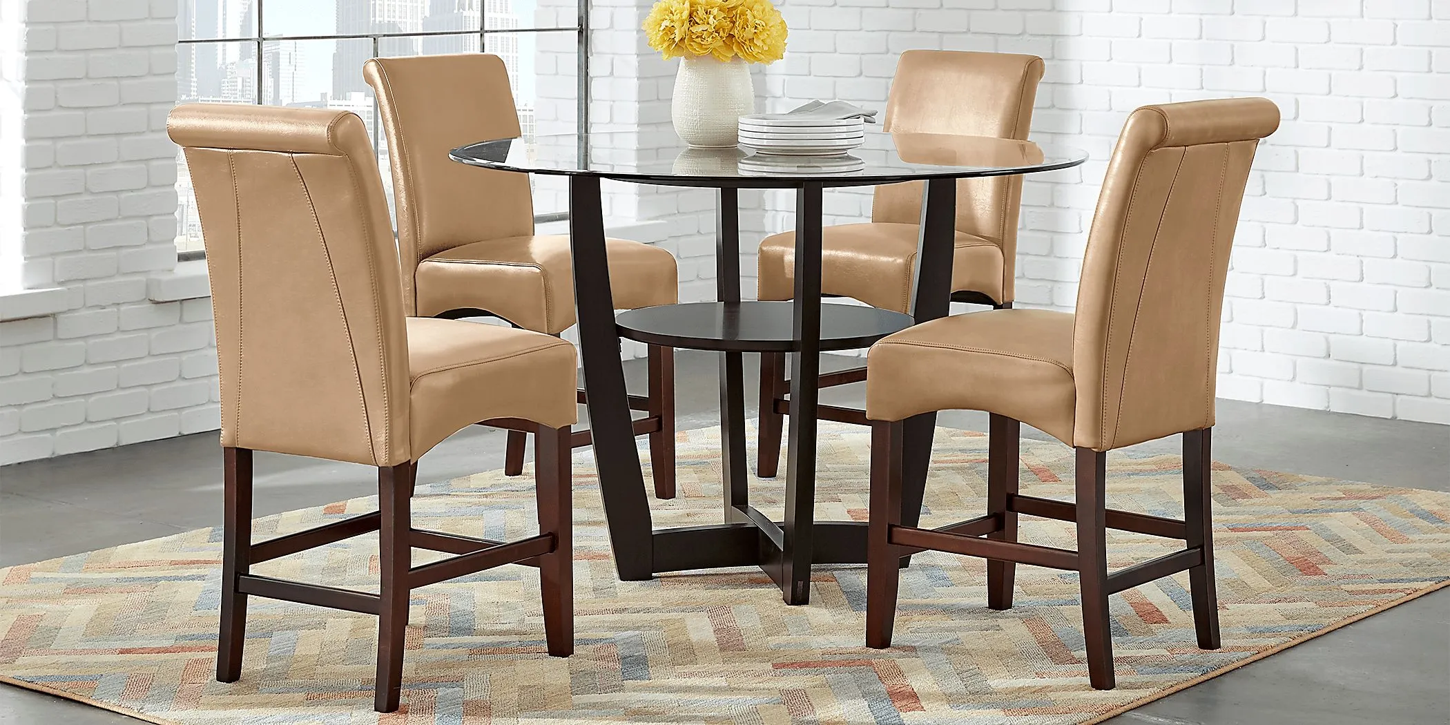 Ciara Espresso 5 Pc 48” Counter Height Dining Set with Tan Stools