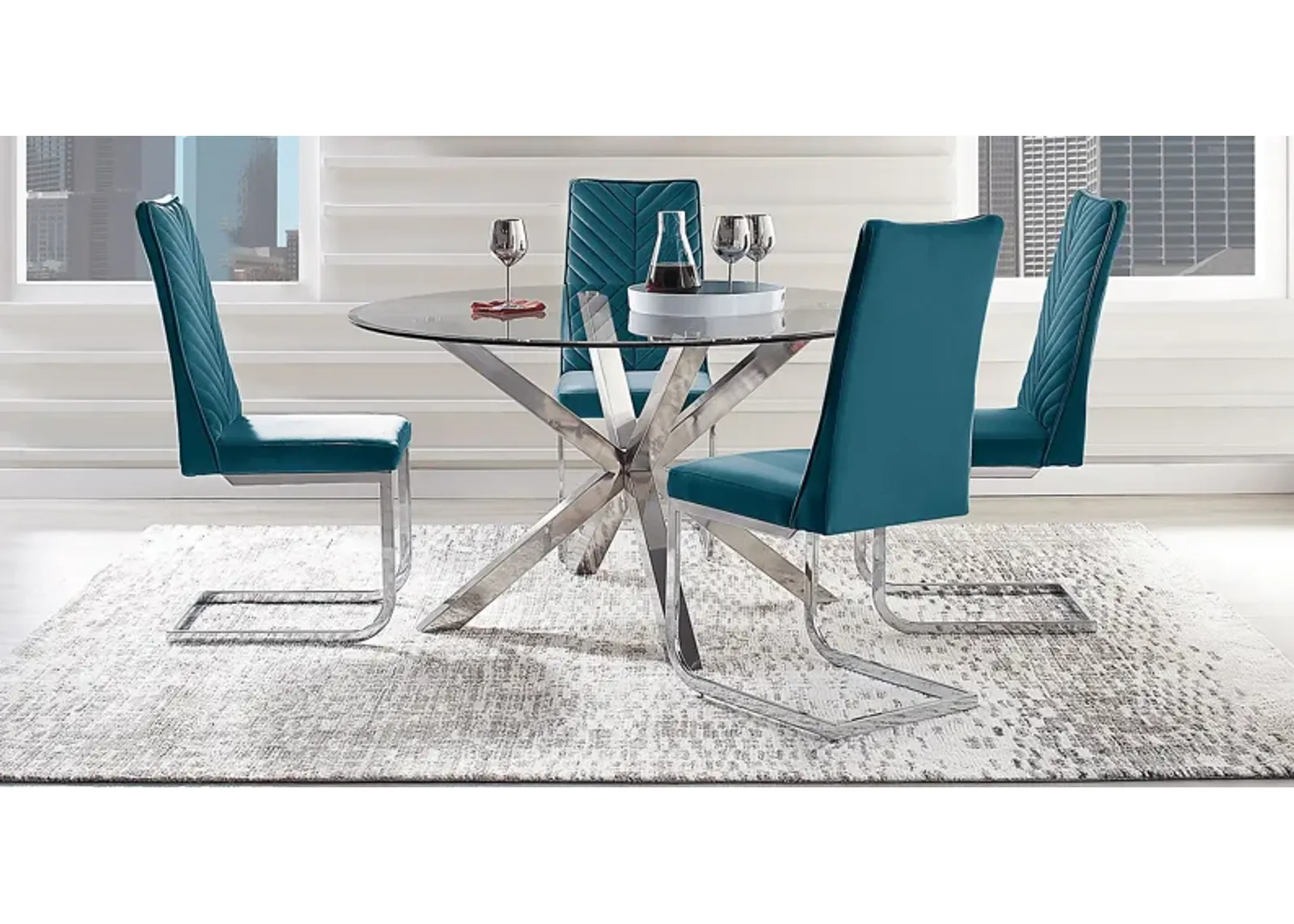 Linton Park Silver 5 Pc Round Dining Set with Blue Chairs