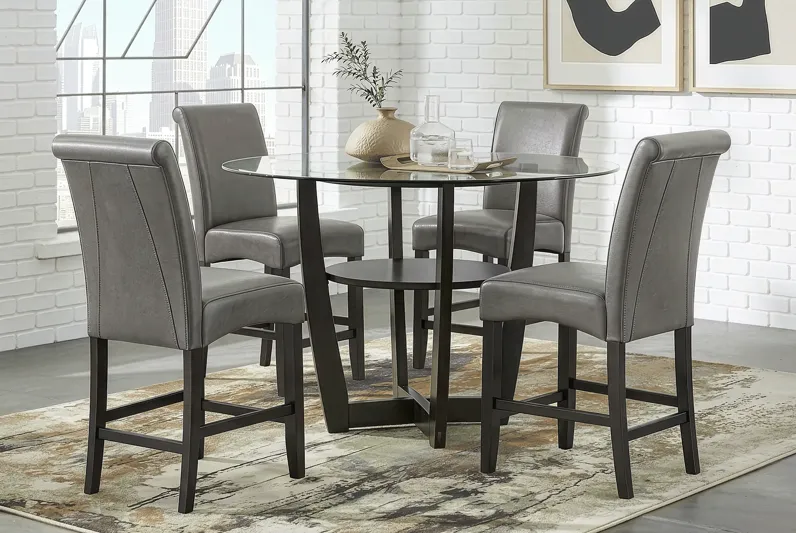 Ciara Espresso 5 Pc 48" Round Counter Height Dining Room with Gray Stools