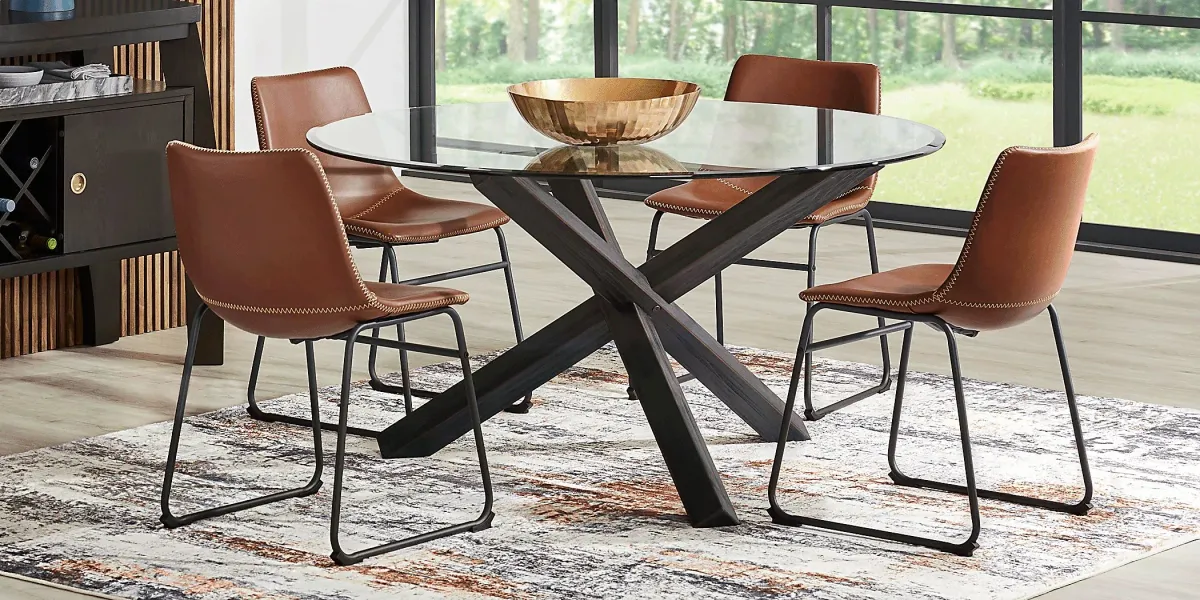 Hollybrooke Black 7 Pc Round Dining Room with Brown Chairs