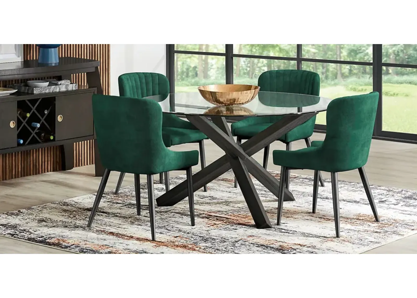 Hollybrooke Black 7 Pc Round Dining Room with Emerald Chairs