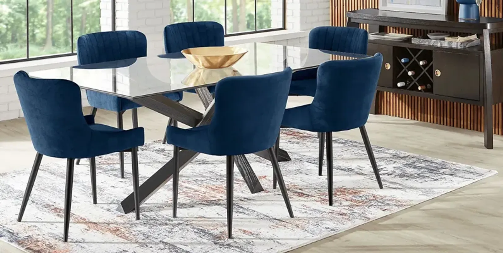 Hollybrooke Black 7 Pc Dining Room with Navy Chairs