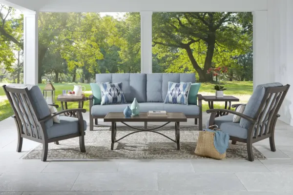 Lake Breeze Aged Bronze Outdoor 4 Pc Seating Set with Blueberry Cushions