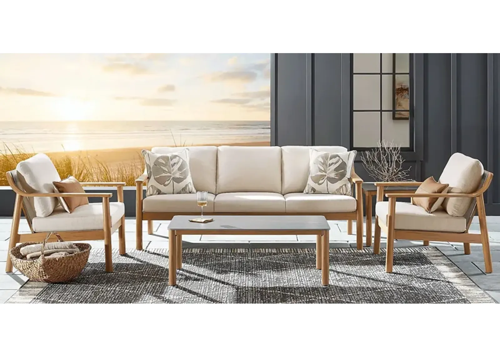 Logen Natural 4 Pc Outdoor Seating Set with Beige Cushions