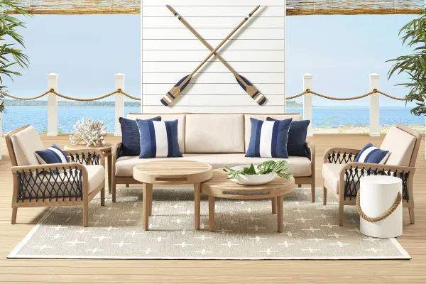 Riva Blonde 7 Pc Outdoor Seating Set with Flax Cushions