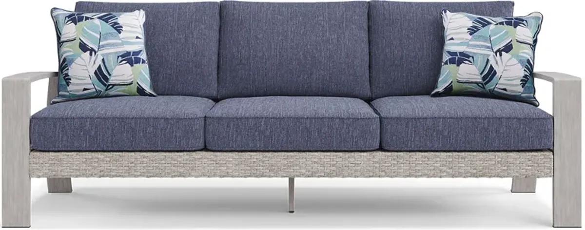 Sun Valley Light Gray Outdoor Sofa with Blue Cushions