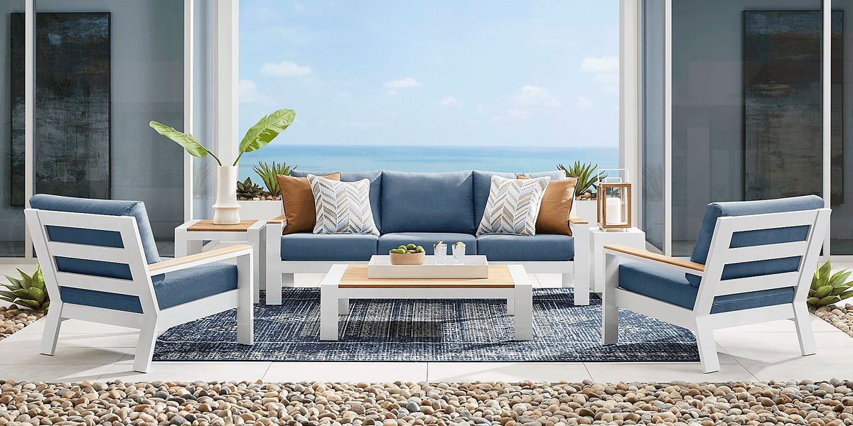 Solana White Outdoor Sofa with Blueberry Cushions