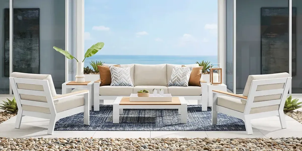 Solana White Outdoor Sofa with Bisque Cushions