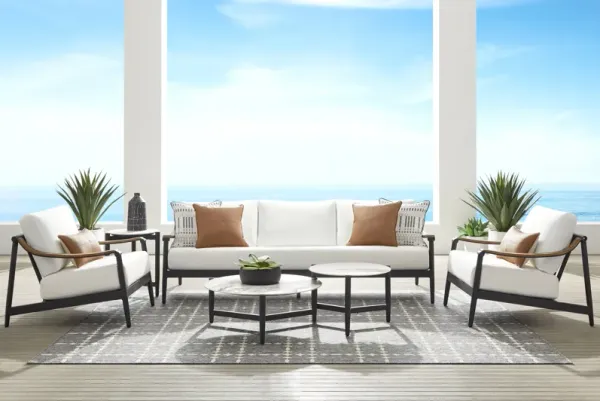 Harlowe Black 5 Pc Outdoor Seating Set with White Cushions