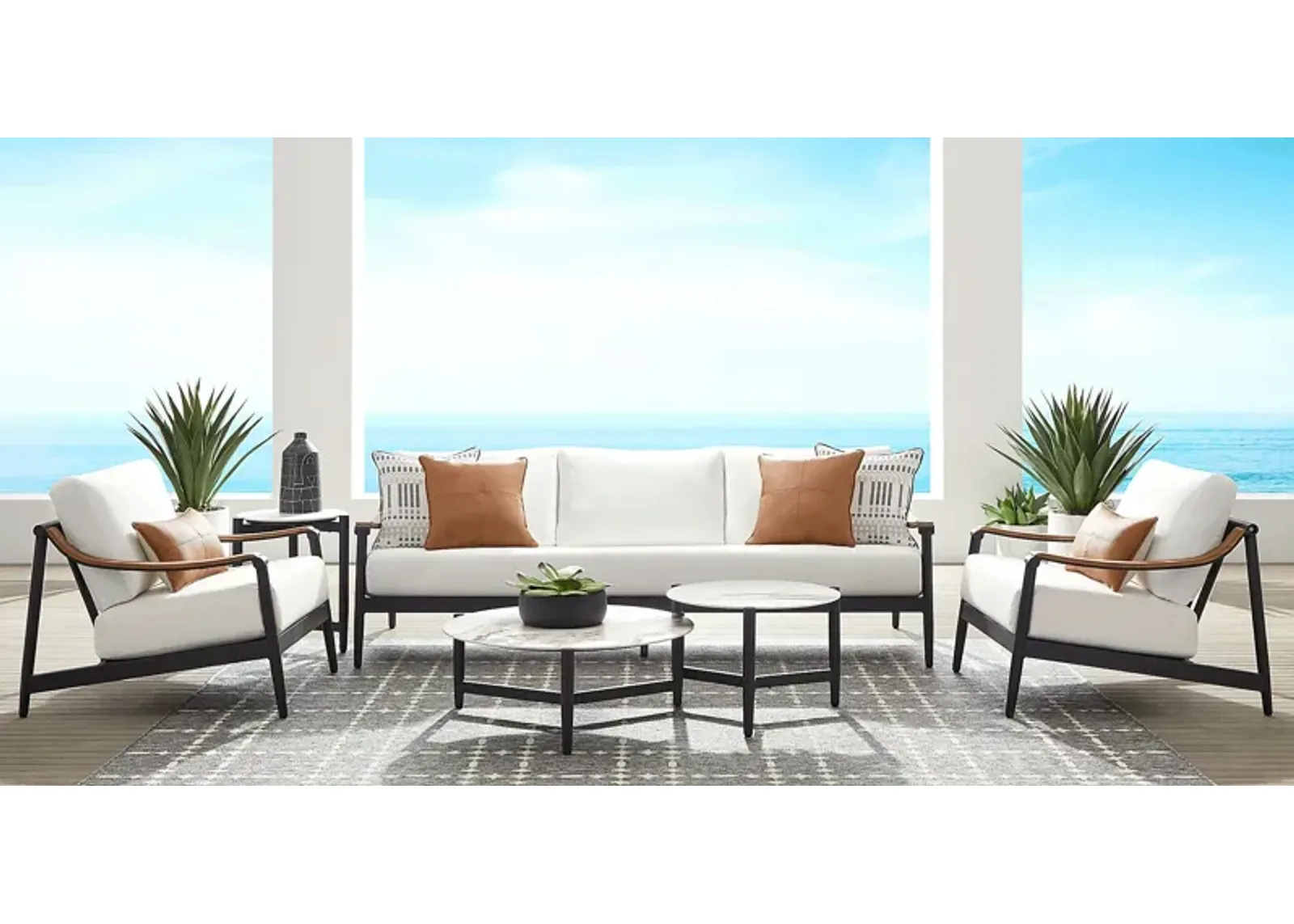 Harlowe Black 5 Pc Outdoor Seating Set with White Cushions