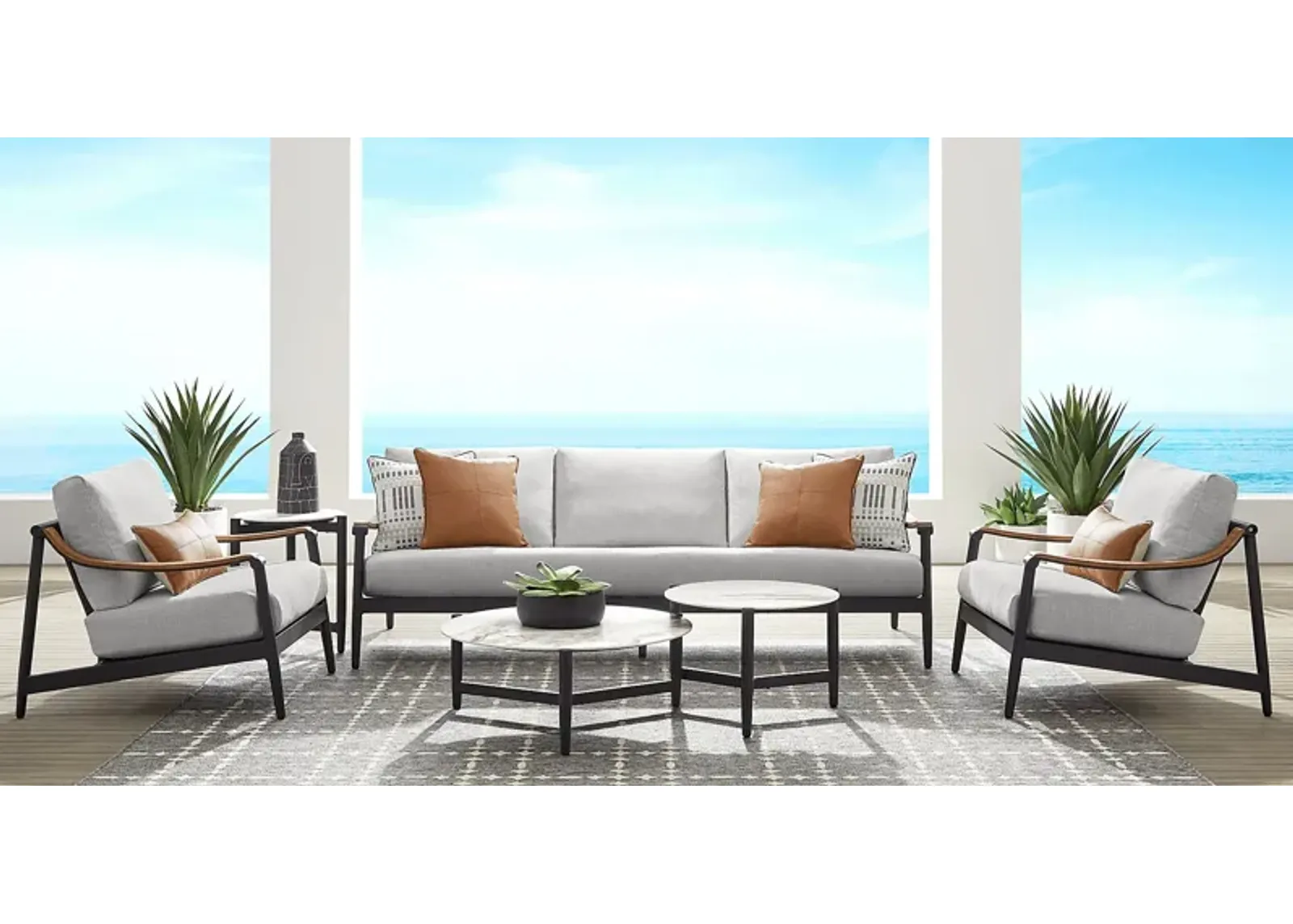 Harlowe Black 5 Pc Outdoor Seating Set with Dove Cushions