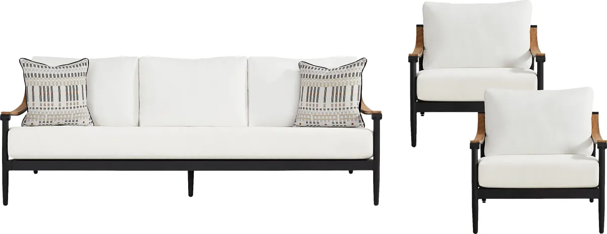Harlowe Black 3 Pc Outdoor Seating Set with White Cushions