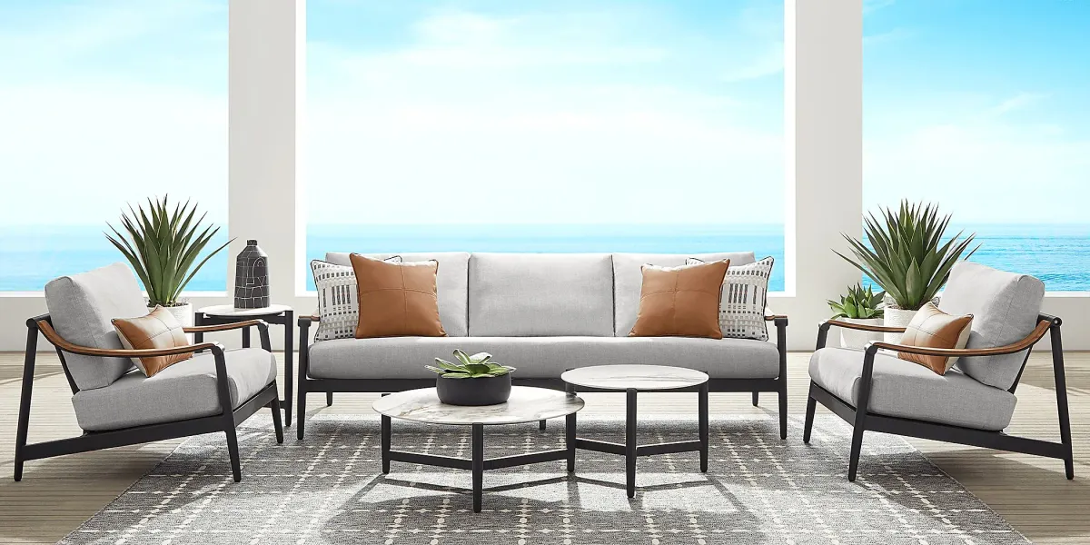 Harlowe Black 3 Pc Outdoor Seating Set with Dove Cushions