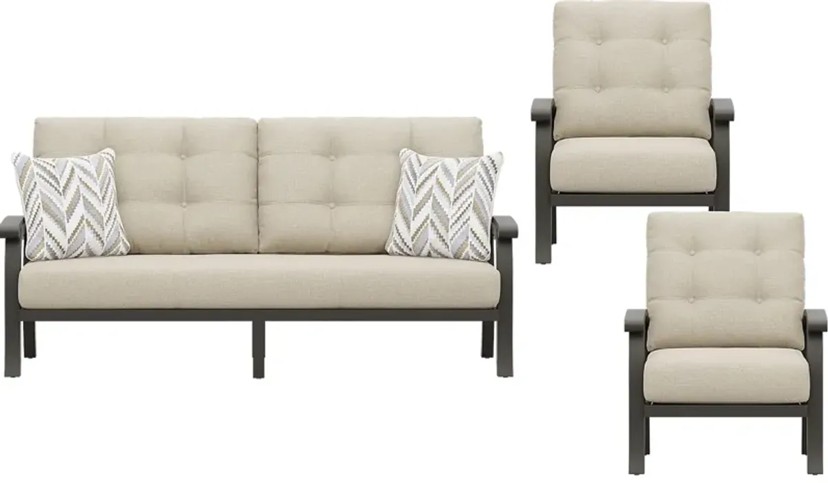 Lake Breeze Aged Bronze 3 Pc Outdoor Seating Set with Hemp-Colored Cushions