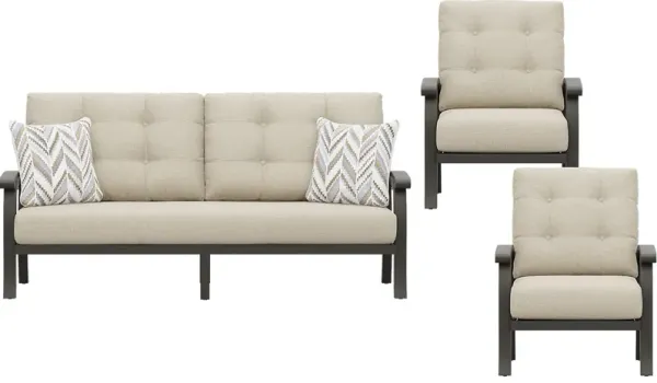 Lake Breeze Aged Bronze 3 Pc Outdoor Seating Set with Hemp-Colored Cushions