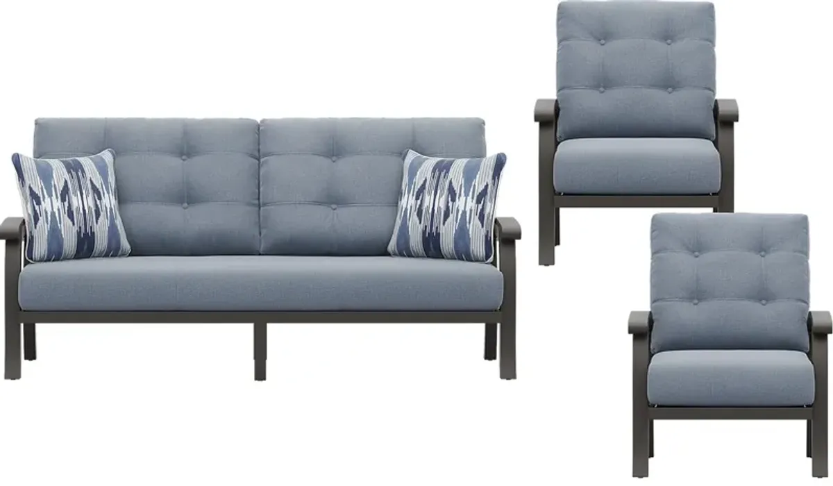 Lake Breeze Aged Bronze 3 Pc Outdoor Seating Set with Blueberry Cushions