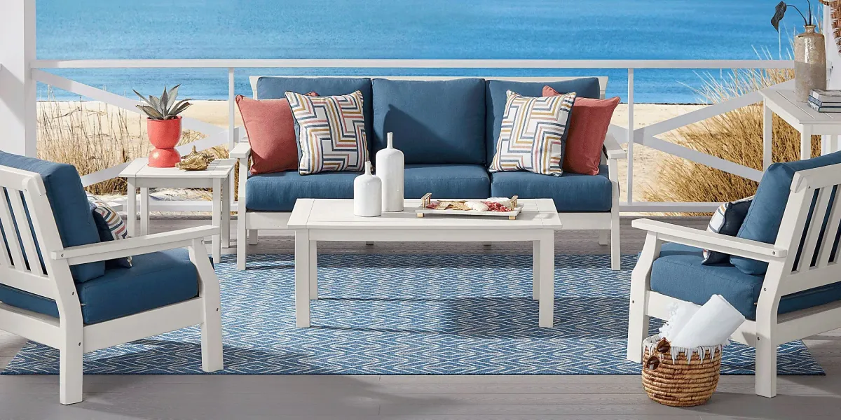 Eastlake White Outdoor Sofa with Ocean Cushions