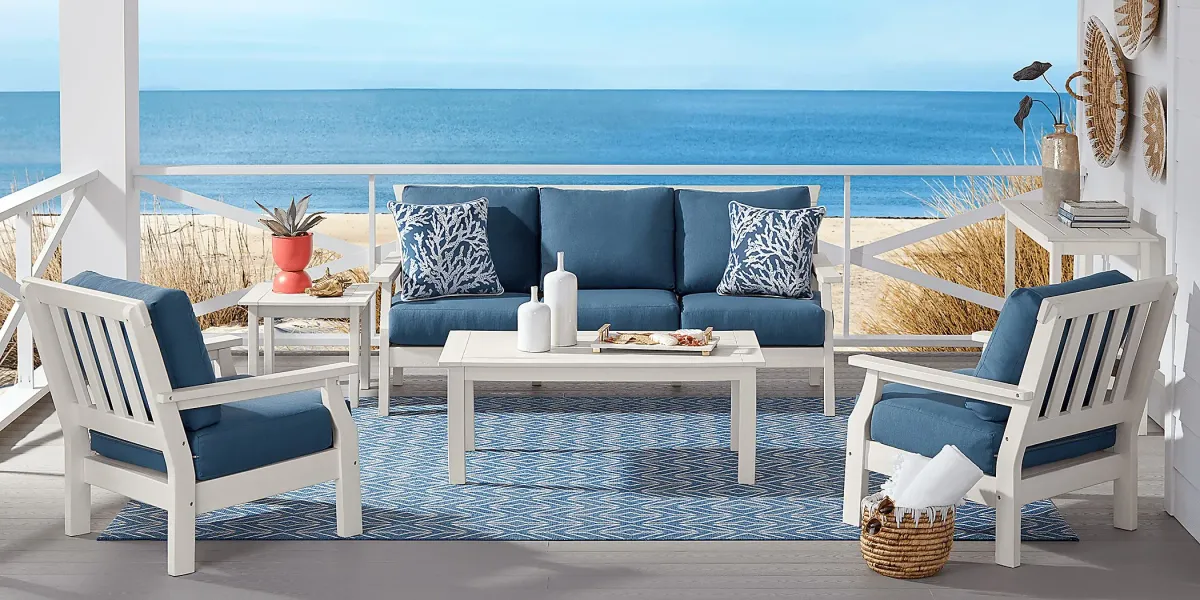 Eastlake White Outdoor Sofa with Ocean Cushions