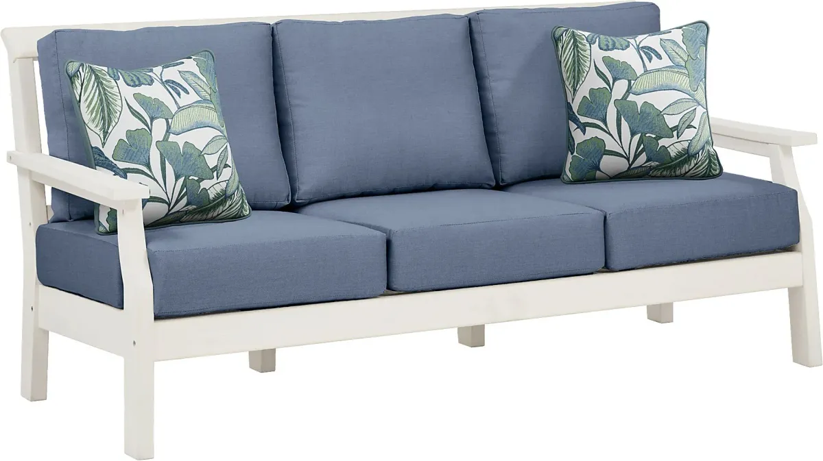 Eastlake White Outdoor Sofa with Blueberry Cushions