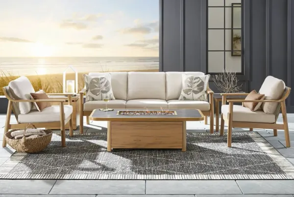 Logen Natural 4 Pc Outdoor Fire Pit Seating Set with Beige Cushions