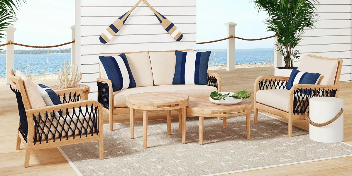 Riva Blonde 5 Pc Outdoor Loveseat Seating Set with Flax Cushions