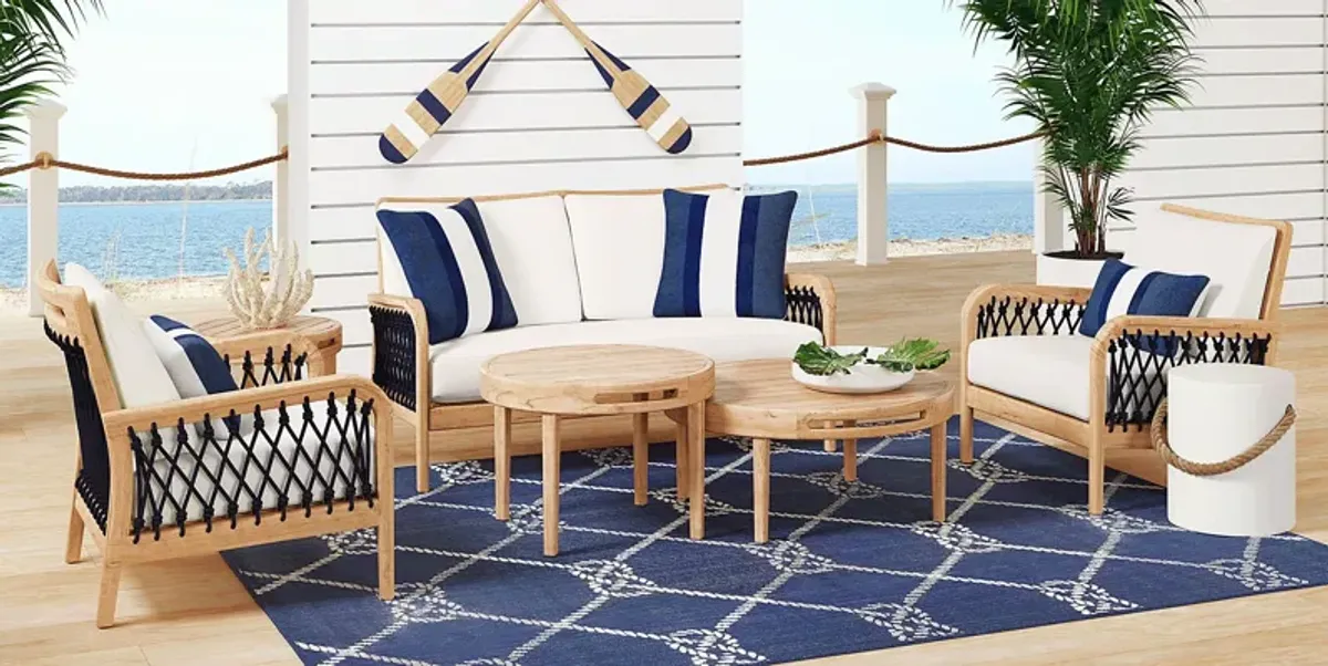 Riva Blonde 5 Pc Outdoor Loveseat Seating Set with White Cushions