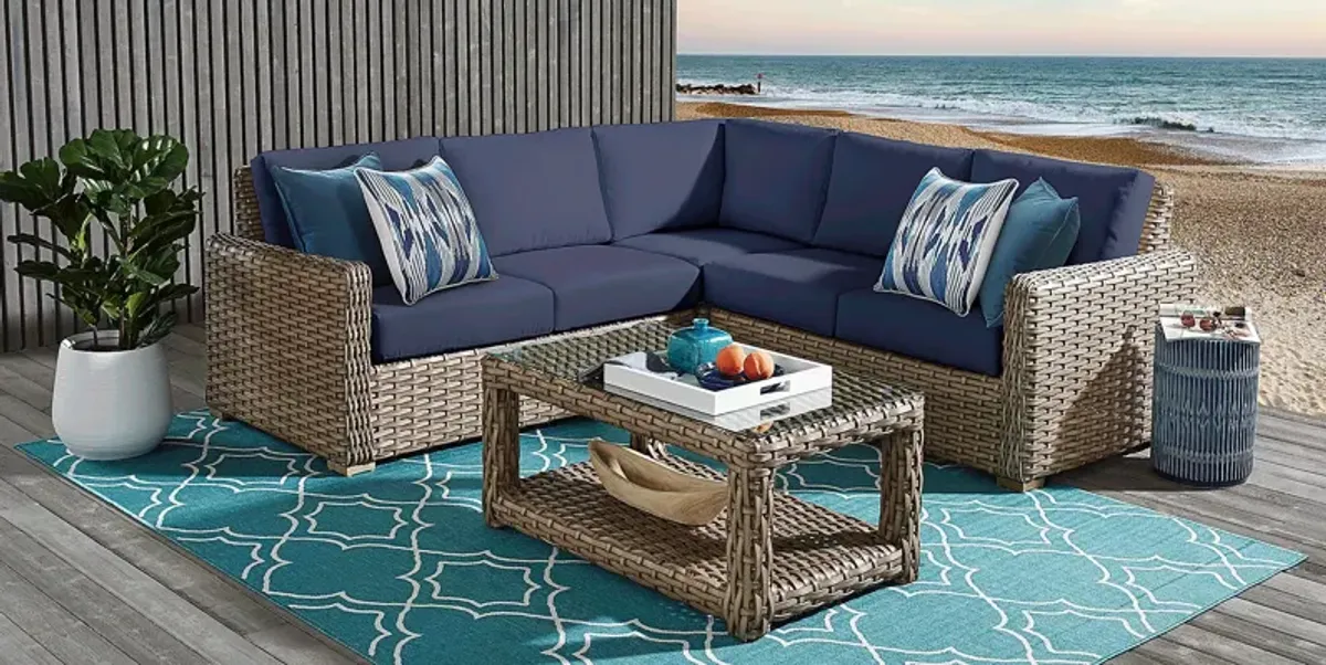 Siesta Key Driftwood 3 Pc Outdoor Sectional with Indigo Cushions