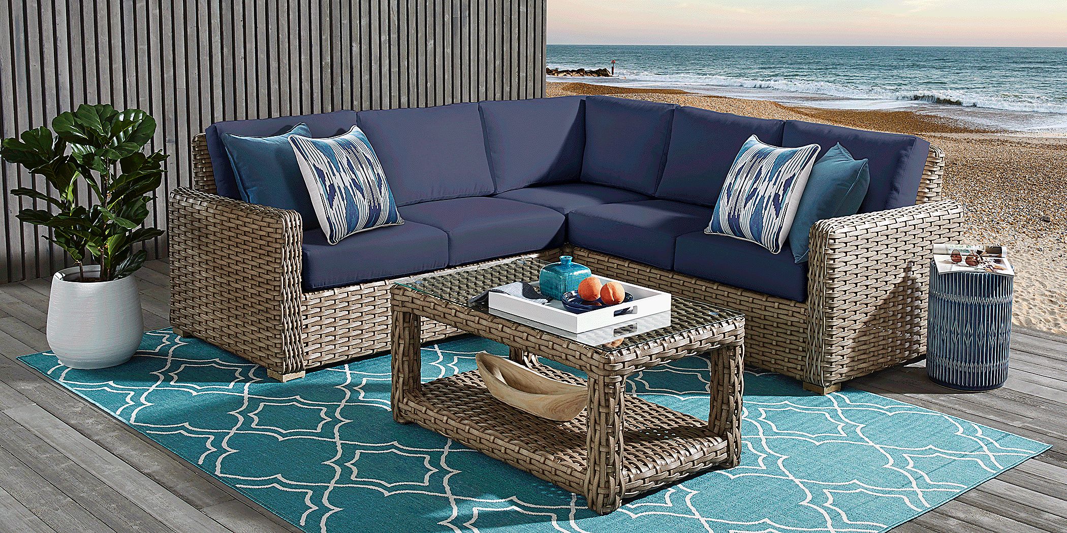 Siesta Key Driftwood 3 Pc Outdoor Sectional with Indigo Cushions