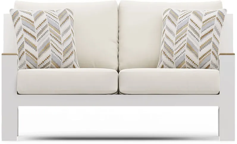 Solana White Outdoor Loveseat with Natural Cushions