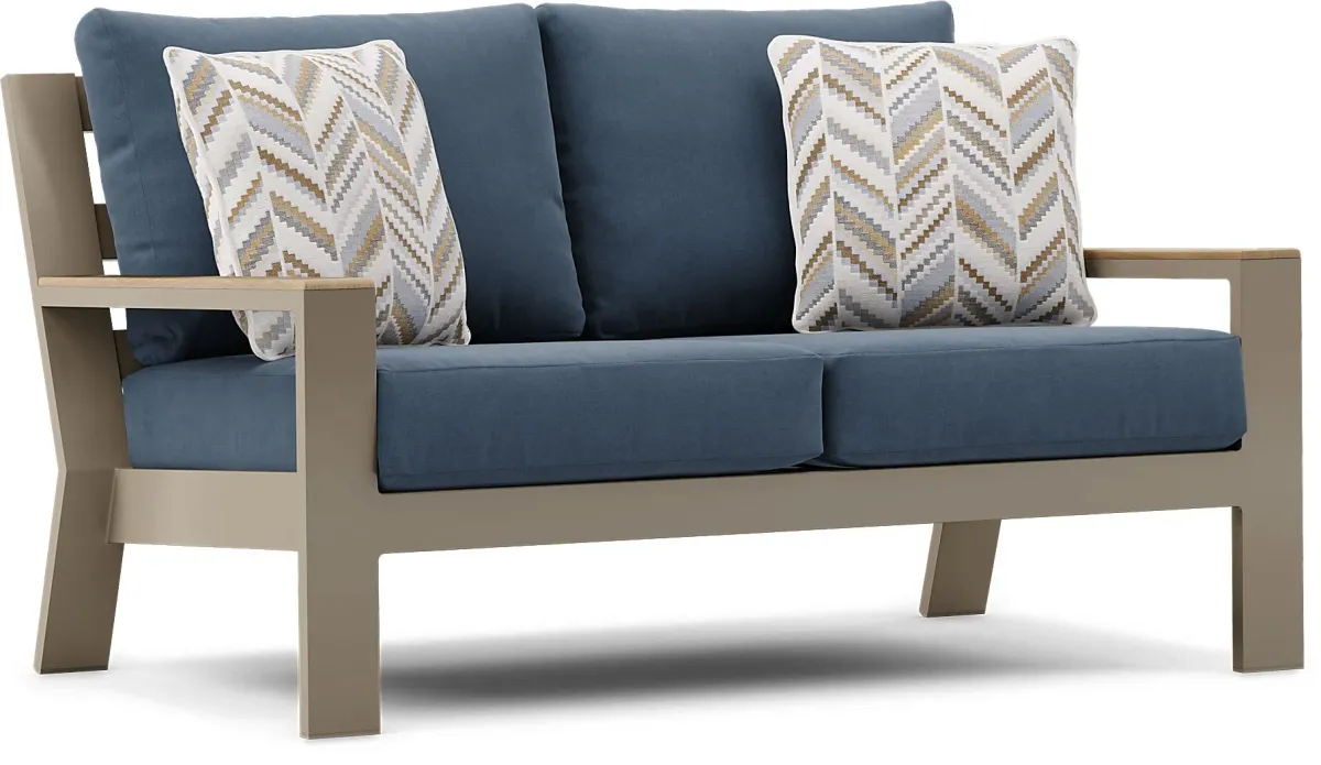 Solana Taupe Outdoor Loveseat with Blueberry Cushions