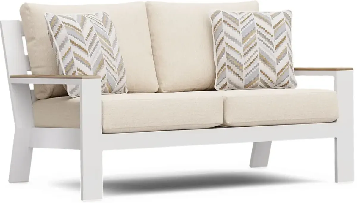 Solana White Outdoor Loveseat with Bisque Cushions