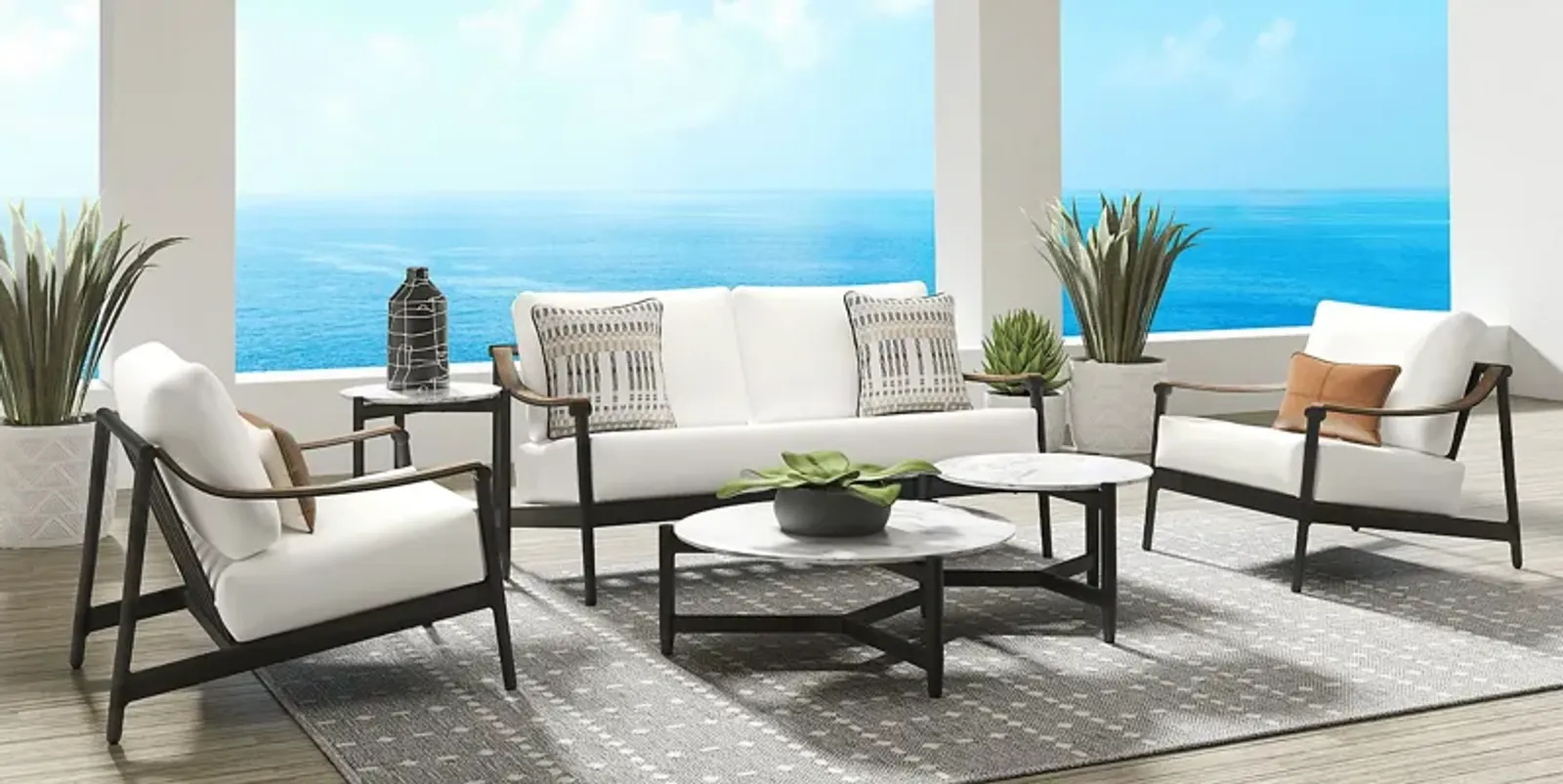 Harlowe Black 5 Pc Outdoor Loveseat Seating Set with White Cushions