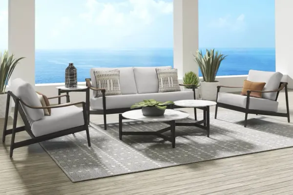 Harlowe Black 5 Pc Outdoor Loveseat Seating Set with Dove Cushions