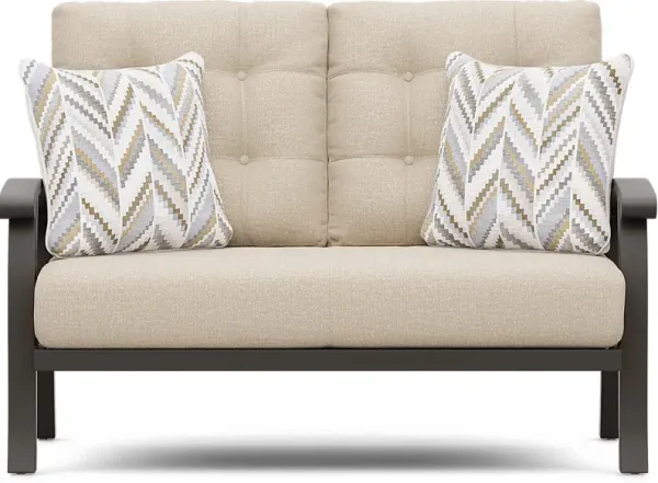 Lake Breeze Aged Bronze Outdoor Loveseat with Hemp-Colored Cushions