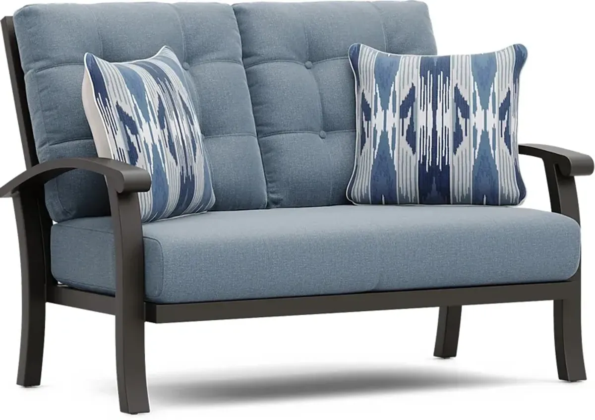Lake Breeze Aged Bronze Outdoor Loveseat with Blueberry Cushions