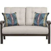 Lake Breeze Aged Bronze Outdoor Loveseat With Rollo Linen Cushions