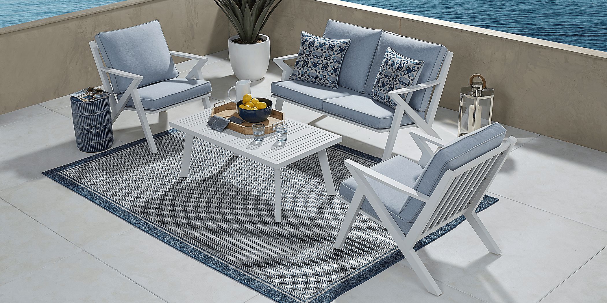 Acadia White Outdoor Loveseat with Hydra Cushions