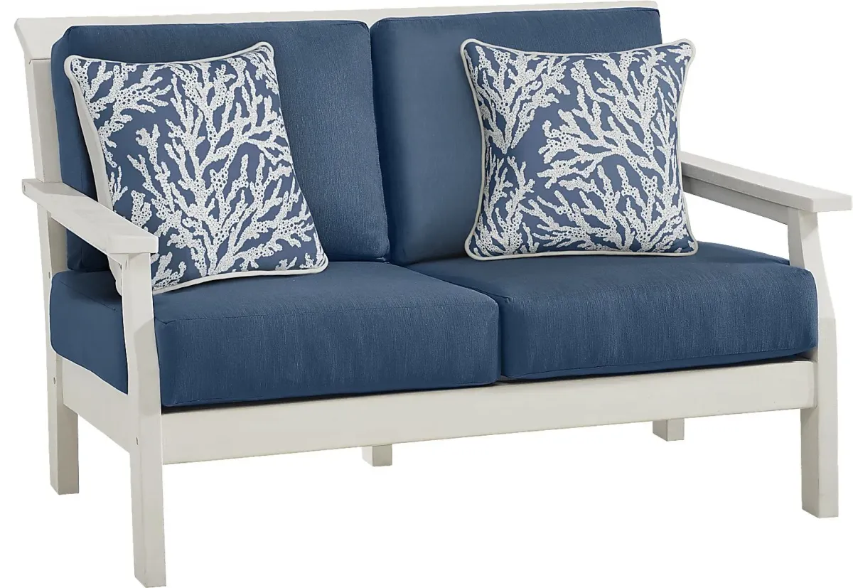 Eastlake White Outdoor Loveseat with Ocean Cushions