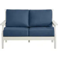 Eastlake White Outdoor Loveseat with Ocean Cushions