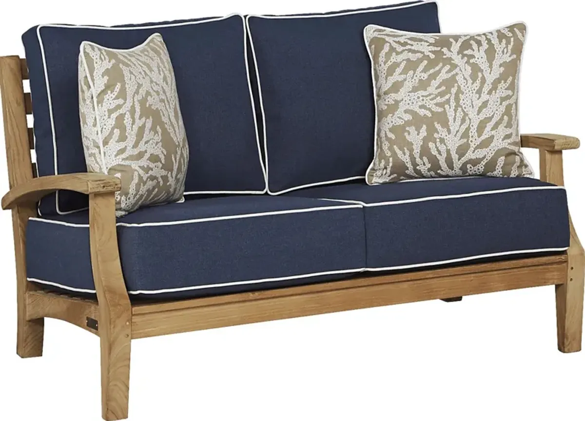 Pleasant Bay Teak Outdoor Loveseat with Indigo Cushions