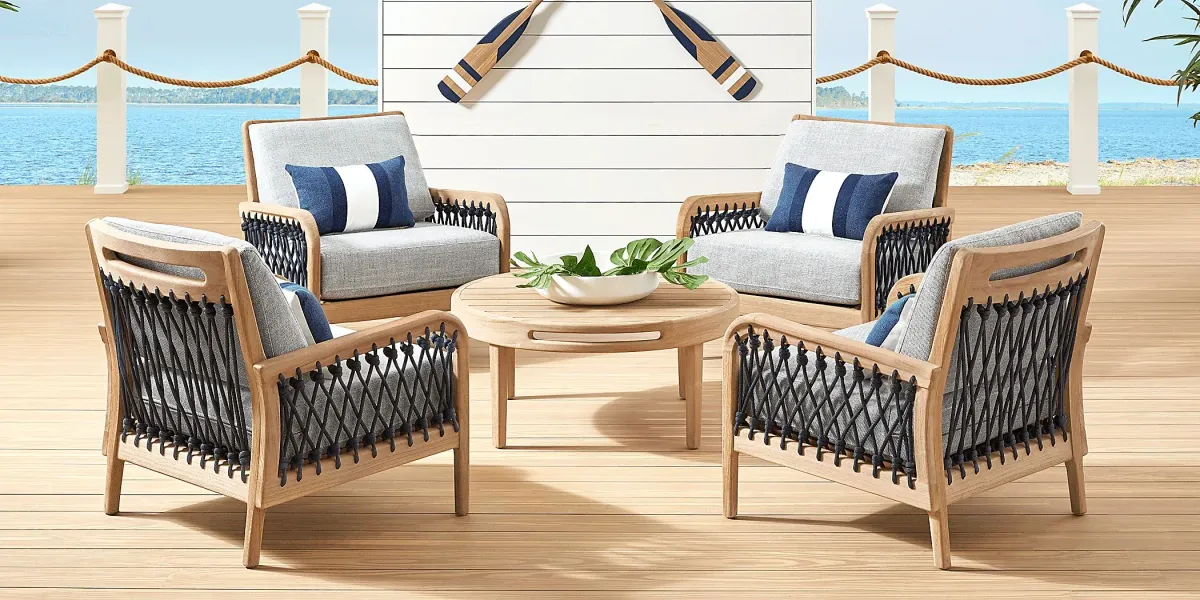 Riva Blonde 5 Pc Outdoor Seating Set with Slate Cushions