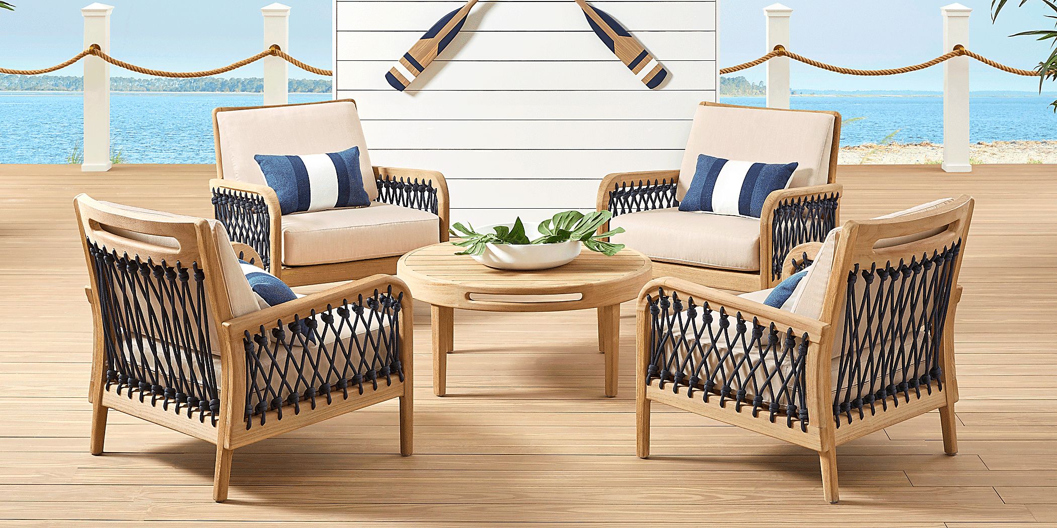 Riva Blonde 5 Pc Outdoor Seating Set with Flax Cushions