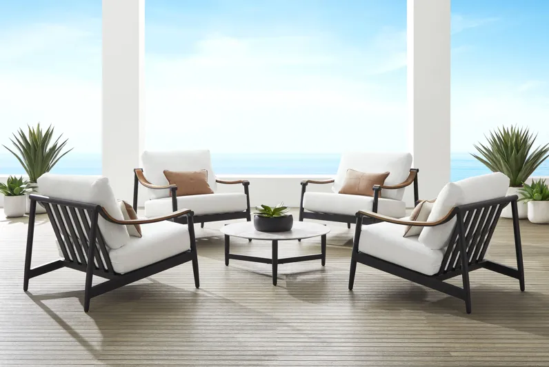 Harlowe Black 5 Pc Outdoor Chat Set with White Cushions