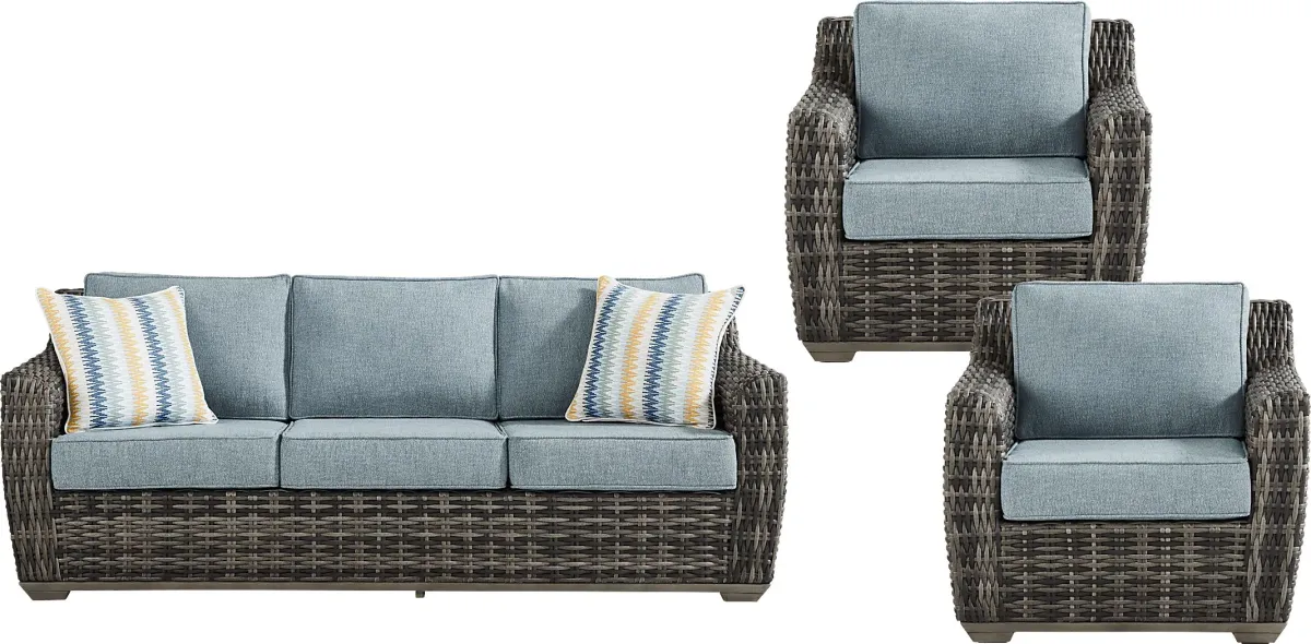 Montecello Gray 3 Pc Outdoor Seating Set with Azure Cushions