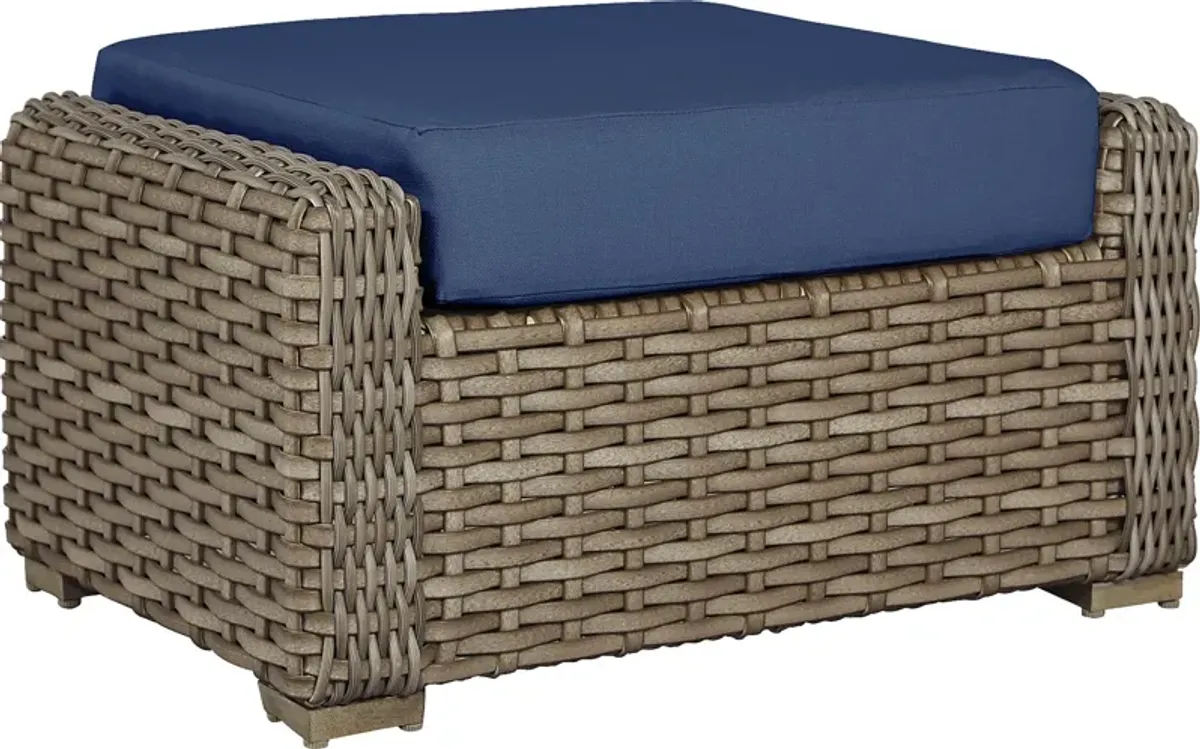 Siesta Key Driftwood Outdoor Ottoman with Indigo Cushion