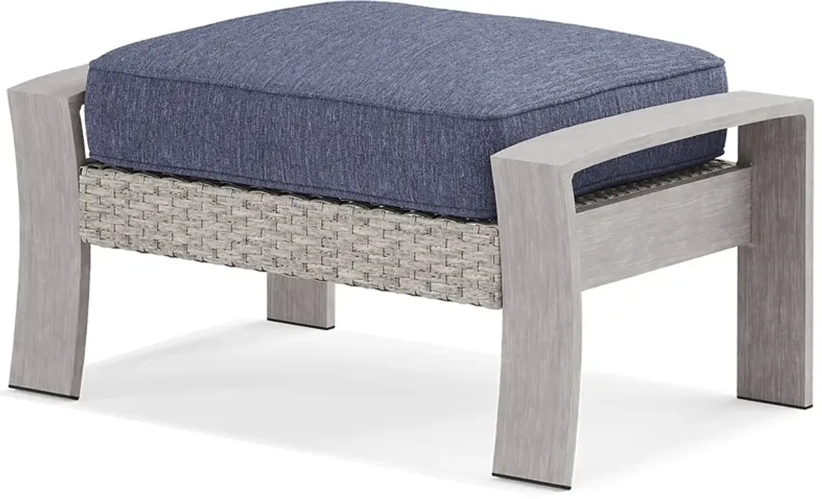 Sun Valley Light Gray Outdoor Ottoman With Blue Cushions