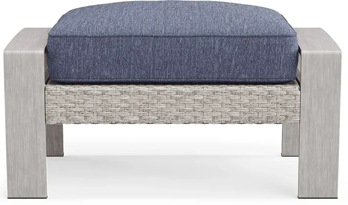 Sun Valley Light Gray Outdoor Ottoman With Blue Cushions